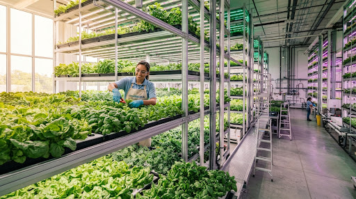 Tiered LED grow racks of leafy greens inside an indoor vertical farm